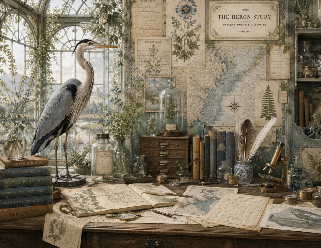Heron and marsh natural-history artwork from Timeless Scraps