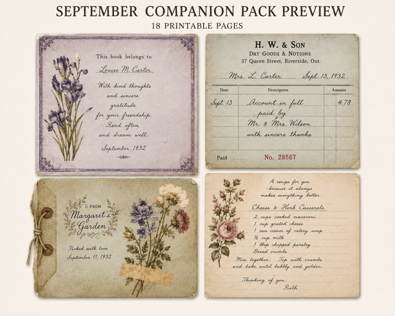 September Companion Pack preview showing printable gratitude and family keepsake pages