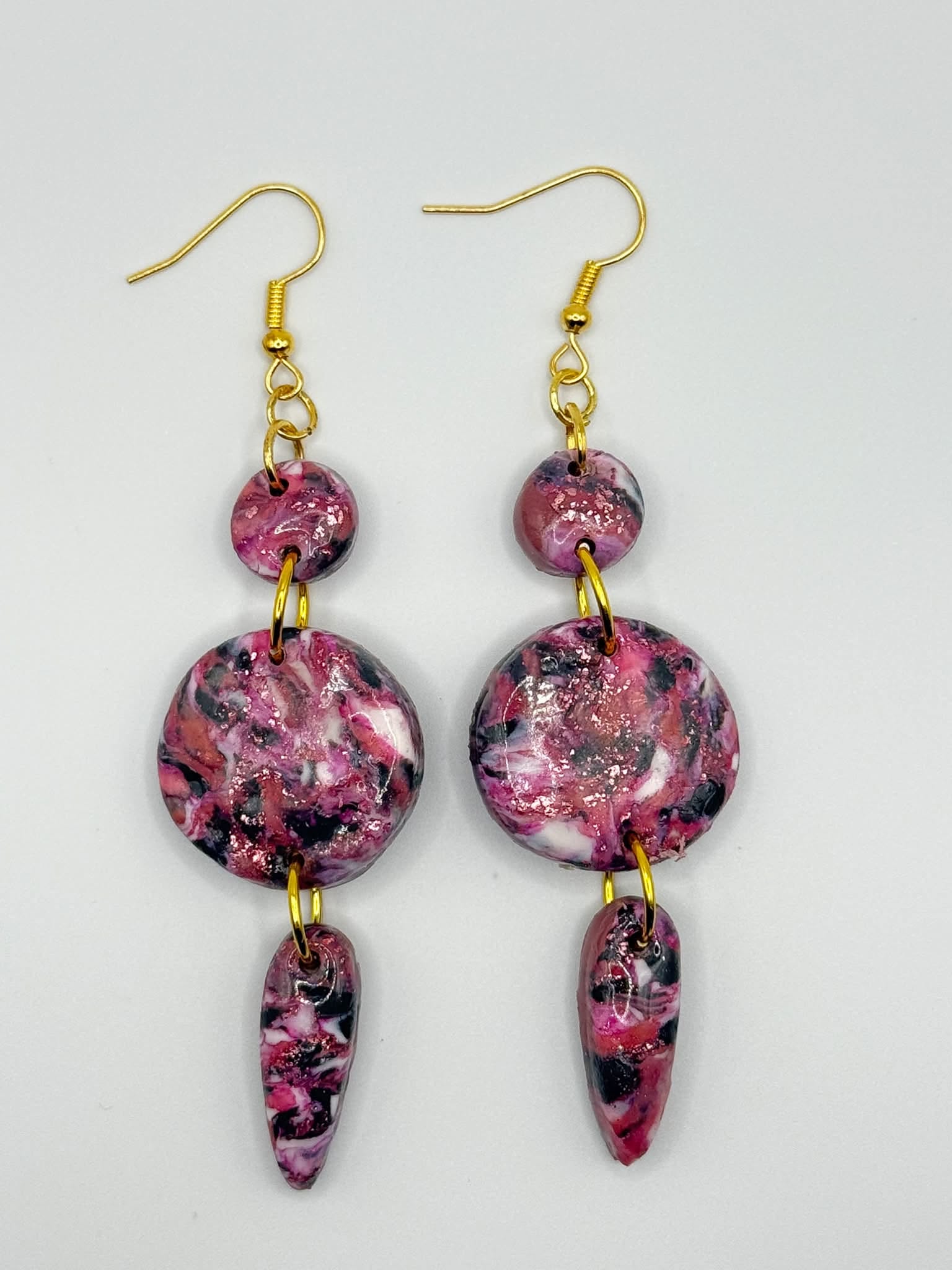 Pink, black and white marbled polymer clay earrings by Susie