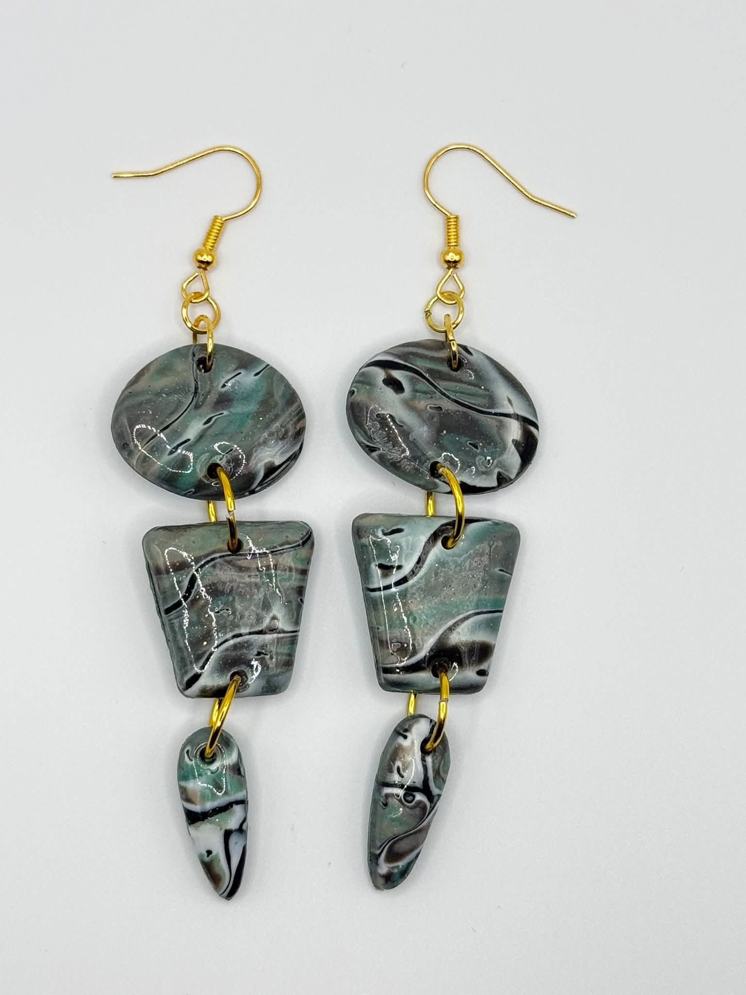 Sage, black and white marbled polymer clay earrings by Susie