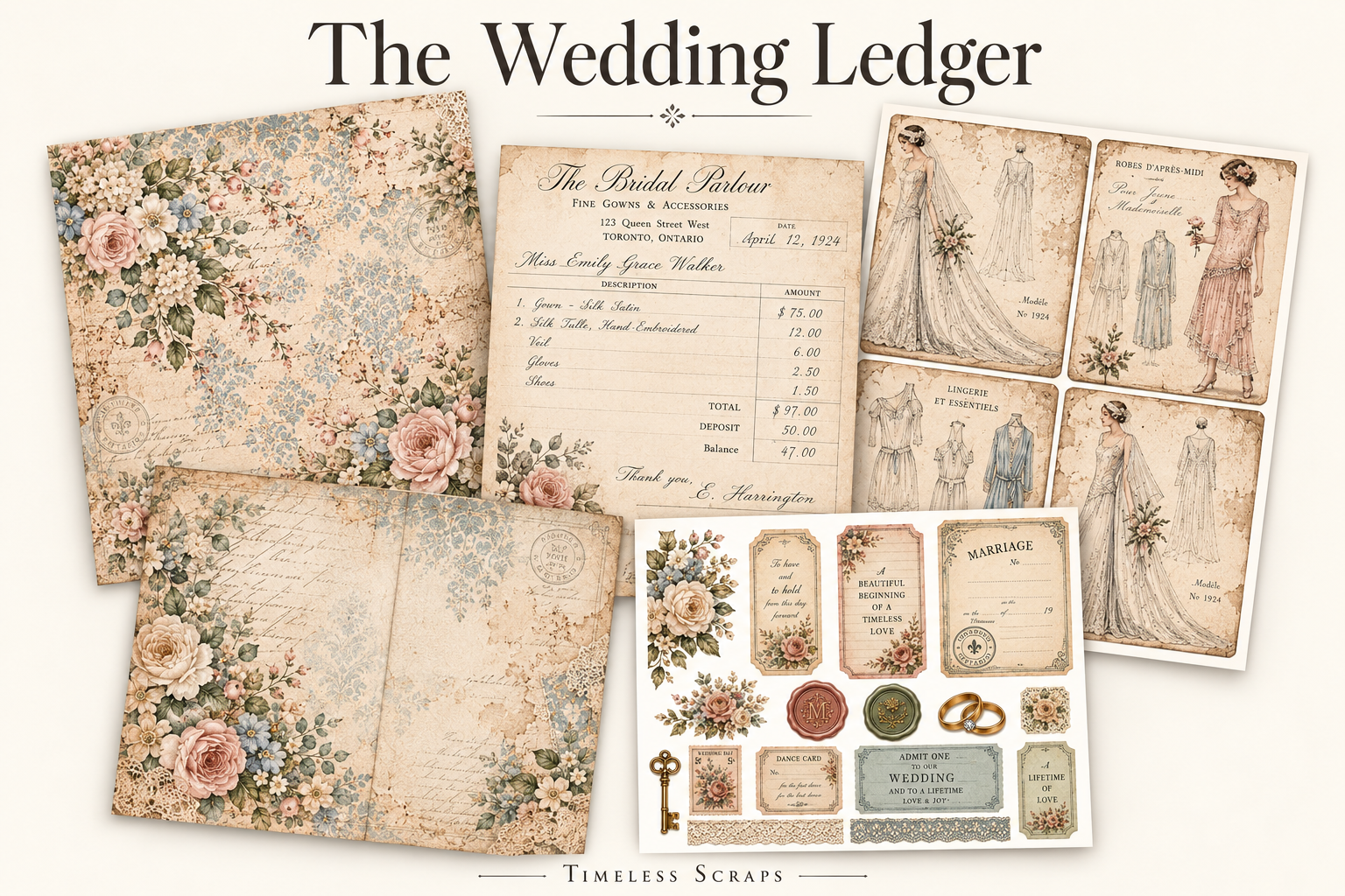 The Wedding Ledger preview with vintage floral papers, bridal fashion cards, a wedding receipt and ephemera