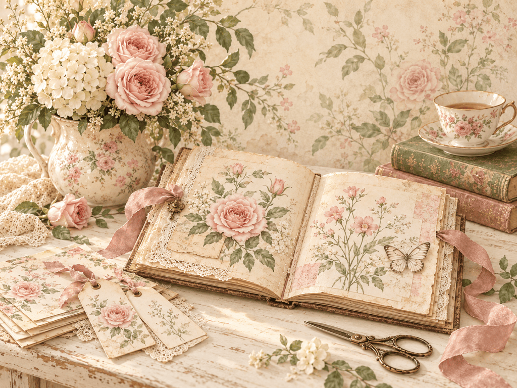 A softly styled romantic floral table with an open botanical journal, blush roses, lace, paper tags, ribbon, and a floral teacup.